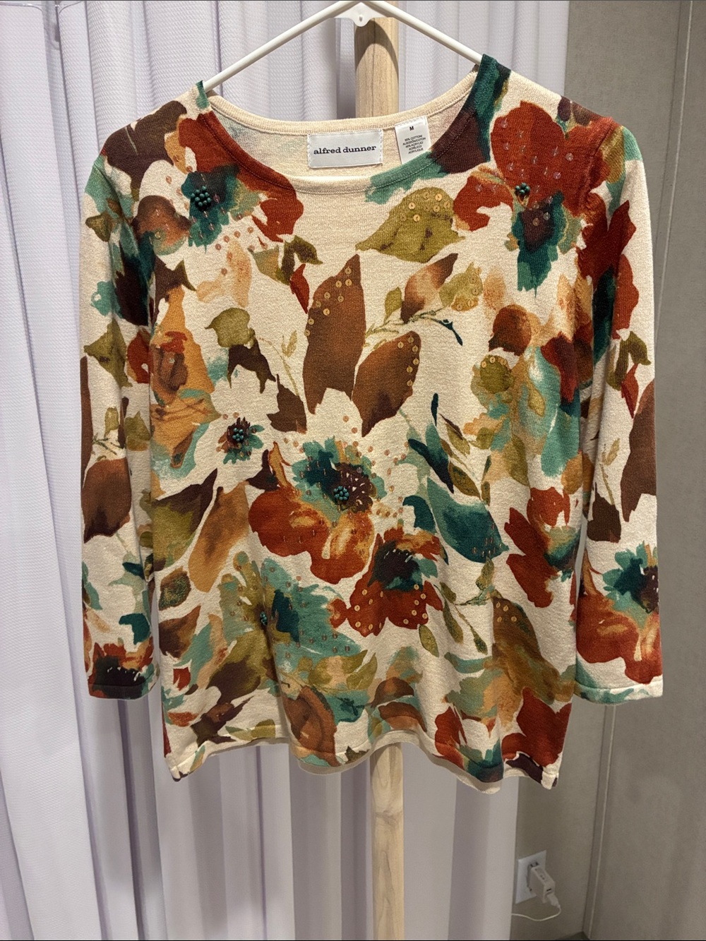 Alfred Dunner Cream Sweater with Rust Teal and Olive Floral Print